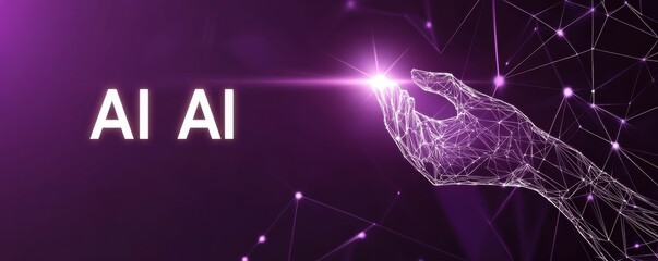 Poster - Futuristic AI concept with digital wireframe hand reaching out surrounded by glowing network on dark purple background