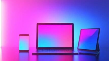 Canvas Print - Laptop, Tablet and Smartphone Mockup with Neon Lights