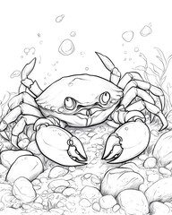 Wall Mural - A crab is sitting on a pile of rocks in the ocean. The crab has a funny expression on its face, and it looks like it's trying to hide. The scene is lighthearted and playful