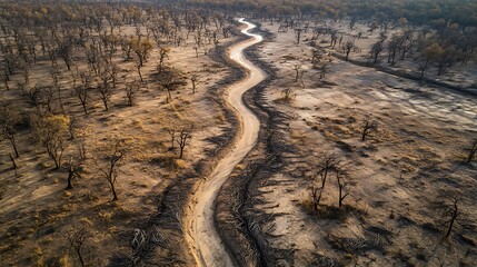 Wall Mural - A dry riverbed winding through dead trees, illustrating the desertification spreading as climate shifts intensify.