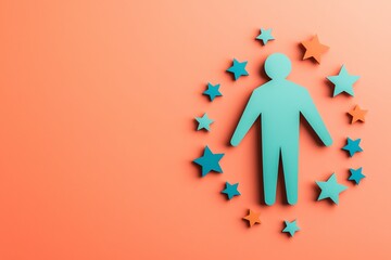 Minimalist human figurine surrounded by stars on an orange background, symbolizing individuality and achievement.