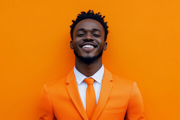 Poster - man in an orange suit and tie is smiling and looking at the camera. the orange background adds a pop