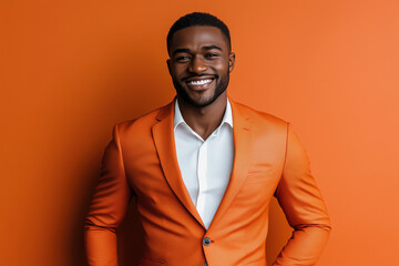 Poster - man in an orange suit and tie is smiling and looking at the camera. the orange background adds a pop