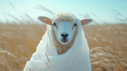 Sheep dressed as a ghost with a flowing white sheet, ghost sheep, farm animal in Halloween costume