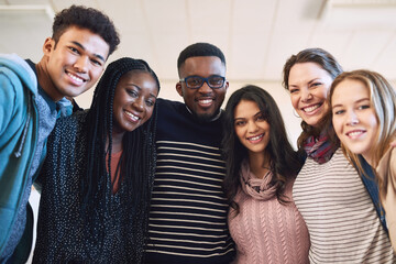 Poster - Students, friends and smile with hug in portrait, diversity and support at university, development and solidarity. Men, women and happy with group, embrace and studying for scholarship in Canada