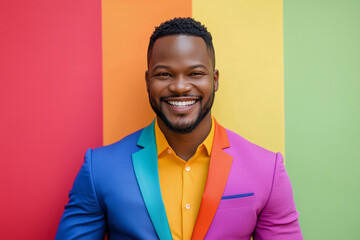 Wall Mural -  man in a rainbow suit is smiling and posing for a photo. The colorful suit and the bright background create a cheerful and vibrant atmosphere