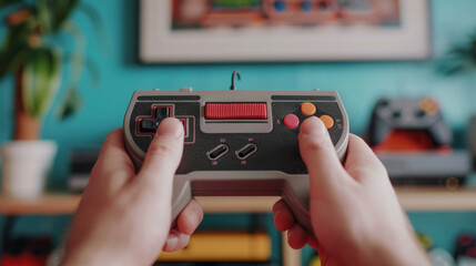 Gamer engaged in retro game play at home surrounded by classic consoles and nostalgic decor