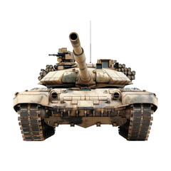 A detailed view of a vintage battle tank in a light background showcasing military equipment and design features