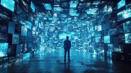 Canvas Print - Man Standing in a Room Full of Screens