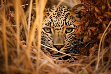 Wall Mural - Leopard is hiding in savanna wildlife animal mammal.