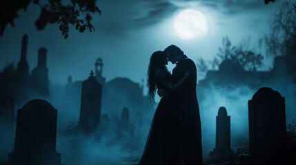 Silhouette of a Couple in Love Under the Moonlight in a Graveyard