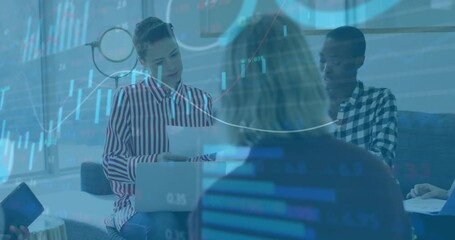 Poster - Animation of financial data processing over diverse business people in office