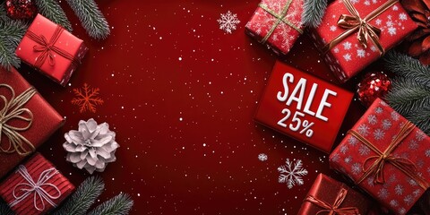 Festive new year sale background with gift boxes and 25 percent discount text