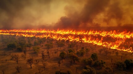 Wall Mural - A horizon ablaze with wildfires stretching across a dry forest, representing the catastrophic increase in fire incidents fueled by changing climate conditions and dry weather.