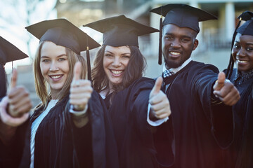 Sticker - Students, graduation and portrait with group, thumbs up and smile with agreement, excited or choice at college. People, friends and diversity with yes, like and goals with emoji at campus in Canada