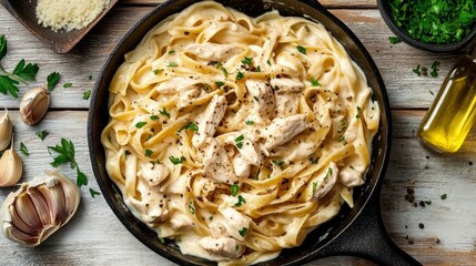 Savory chicken pasta featuring a rich cream sauce, garnished with herbs, set on a rustic wooden table.