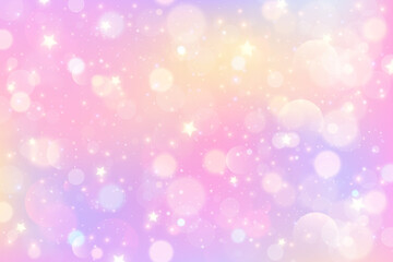 Wall Mural - pink unicorn background with stars and sparkles. cute rainbow fantasy backdrop with bokeh and glitte