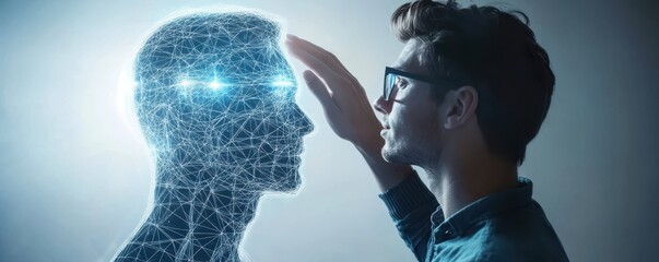 Poster - Man interacting with digital hologram of human head, symbolizing connection between technology and humanity