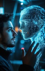 Poster - Man interacting with digital human face hologram, exploring futuristic technology and artificial intelligence concepts