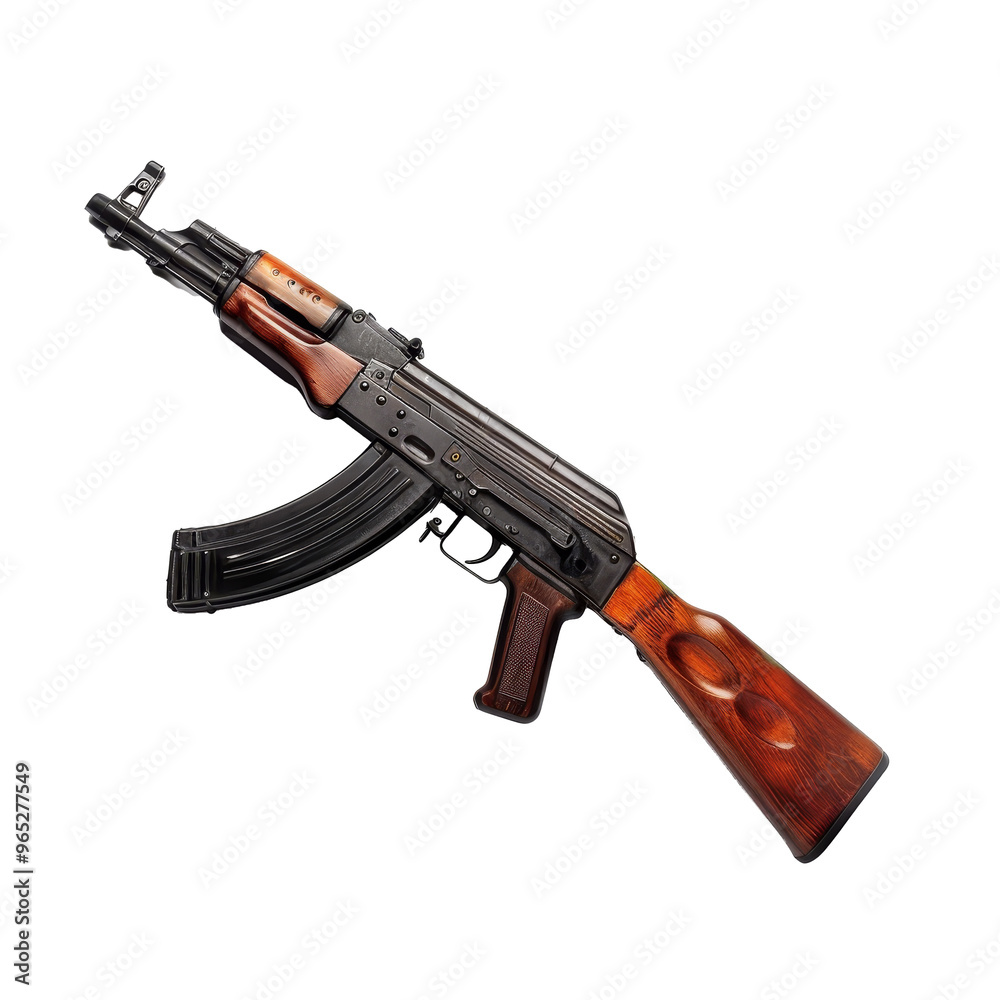 Detailed view of an AK-47 assault rifle with wooden details resting on ...