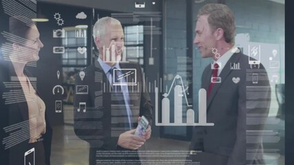 Poster - Animation of financial data processing over diverse colleagues shaking hands in office