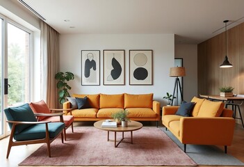 Poster - Mid century, scandinavian interior design of modern living room with colorful multicolored furniture