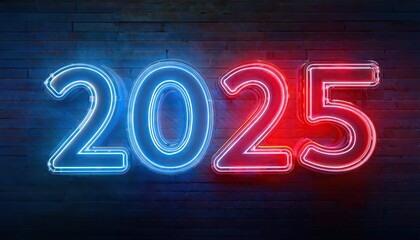 Wall Mural - Futuristic Blue Red Glowing Neon Light Happy New Year 2025 