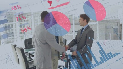 Poster - Animation of financial data processing over diverse colleagues shaking hands in office