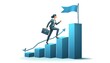 © QasimAli - Businesswoman in a suit climbing a blue bar graph with a flag at the top. Isolated on a white background. Concept of career growth and success