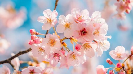 Cherry blossoms in full bloom against a blue sky