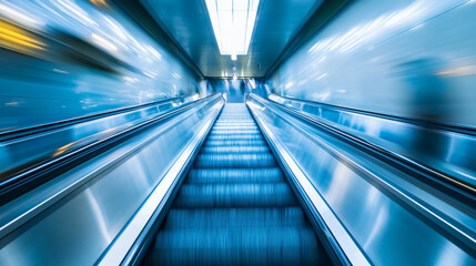 Motion blur effect on an escalator with bright blue lighting