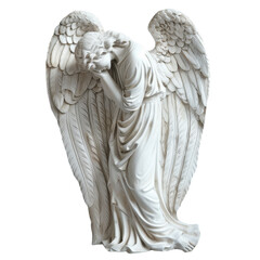 a marble angel sculpture depicting sorrow with bowed head and detailed wings, showcasing craftsmansh
