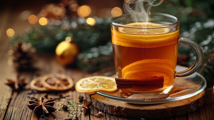 Winter hot healing tea with ginger, honey, lemon and spices in glass cup with steam, rustic wooden background. Christmas table settings