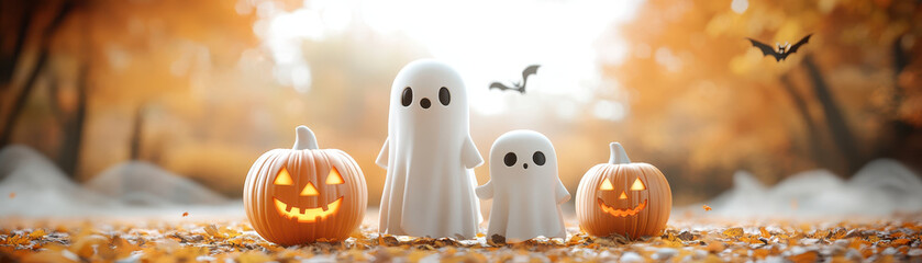 Whimsical ghosts and carved pumpkins create festive Halloween scene in vibrant autumn setting. playful atmosphere evokes joy and excitement for holiday