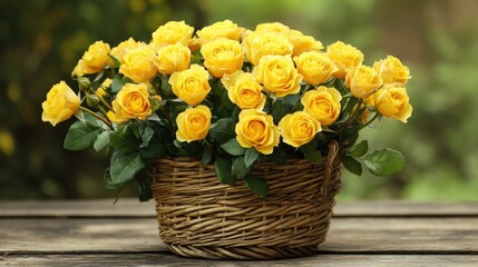 Sticker - A delightful bouquet of yellow roses in a rustic wicker basket, perfect for a sunny and cheerful setting.