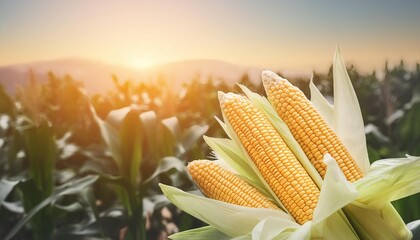 Wall Mural -  Corn cobs in corn plantation field with sunrise background 