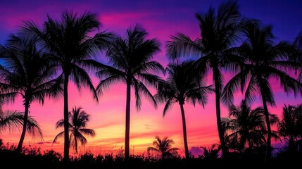 Canvas Print - silhouetted palm trees against vivid sunset sky tropical beach paradise