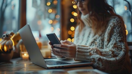 Woman's hands using phone and laptop making online order, checking purchase, shopping at home, indoors. Concept of startup, small business. Entrepreneur owner. Black Friday or cyber Monday