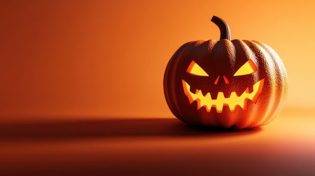 A menacing 3D jack-o-lantern with an eerie grin, its glow casting ominous shadows on a deep orange background, perfect for Halloween themes.