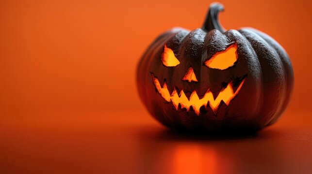 A menacing 3D jack-o-lantern with an eerie grin, its glow casting ominous shadows on a deep orange background, perfect for Halloween themes.