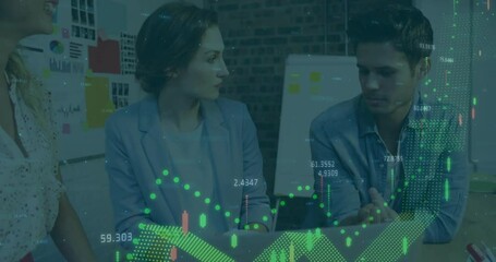 Poster - Animation of financial data processing over diverse colleagues discussing work in office