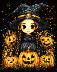 Wall Mural - A girl in a witch hat is surrounded by pumpkins. The pumpkins are smiling and the girl is smiling as well