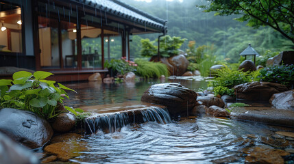 Poster - Mountain stream, rainy day, garden, living room. Generative AI.
