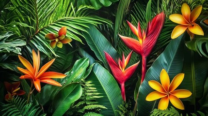 Lush green monstera and fern leaves surround vibrant heliconia and plumeria flowers in a tranquil tropical rainforest.