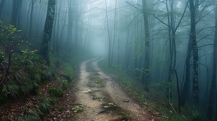 Aufkleber - The trails in the forest fog. Mist forest trails in fog realistic daylight. Generative AI.