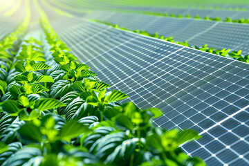 Wall Mural - A field of green plants with a solar panel in the background