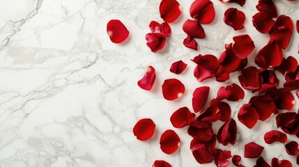 Wall Mural - A stunning flat lay of red rose petals on a white marble backdrop, capturing elegance and romance.