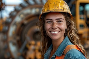 Leinwandbilder - Portrait of a woman smiling with uniform and helmet in front of heavy duty machinery. Generative AI.