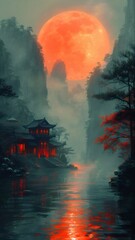 Wall Mural - A red moon rises over a misty valley, casting an orange glow on a small building by the river.