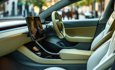 Poster - Electric car interior, leather, olive color, space style. Generative AI.